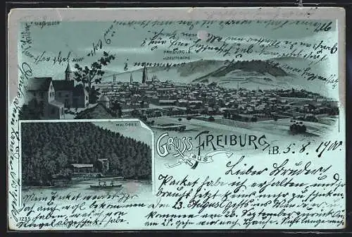 Mondschein-Lithographie Freiburg i. Br., Waldsee und Blick vom Lorettoberg