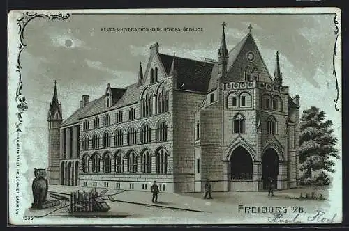 Mondschein-Lithographie Freiburg i. Br., Neues Universitäts-Bibliotheks-Gebäude