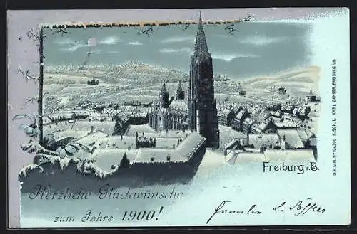 Mondschein-Lithographie Freiburg i. Br., Stadtansicht im Schnee mit Neujahrsgruss 1900