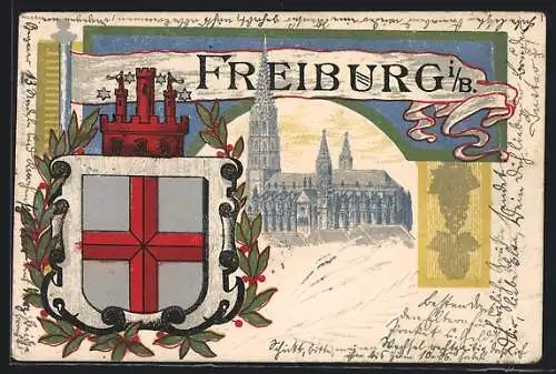 Lithographie Freiburg i. Br., Münster und Wappen