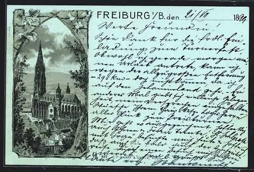 Mondschein-Lithographie Freiburg i. Br., Blick auf den Münster