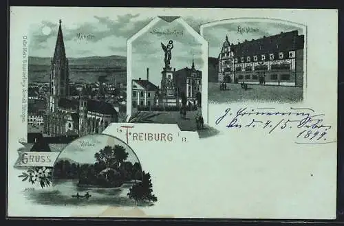 Mondschein-Lithographie Freiburg i. Br., Münster, Siegesdenkmal und Waldsee