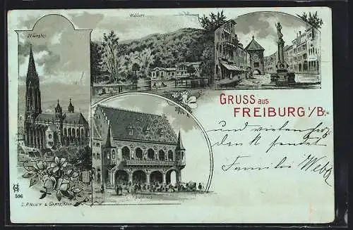 Mondschein-Lithographie Freiburg i. Br., Kaufhaus, Münster und Waldsee