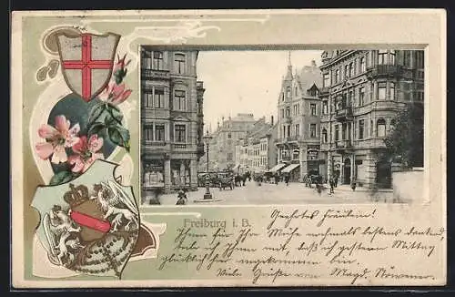 Passepartout-Lithographie Freiburg i. B., Strassenpartie in der Innenstadt, Wappen