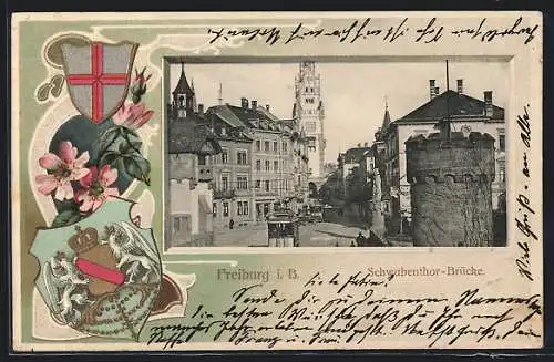 Passepartout-Lithographie Freiburg / Breisgau, Strassenbahn an der Schwabenthor-Brücke, Wappen