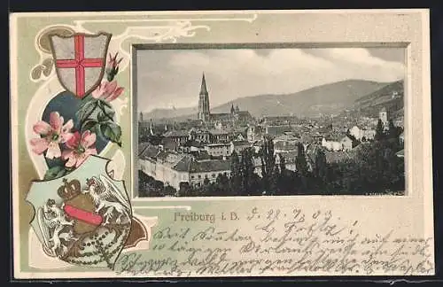 Passepartout-Lithographie Freiburg i. B., Blick über die Stadt, Wappen