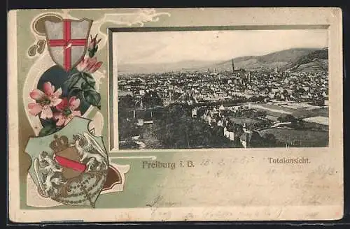 Passepartout-Lithographie Freiburg i. B., Blick über die Stadt, Wappen und Wildrosen