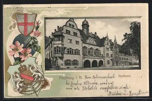 Passepartout-Lithographie Freiburg i. B., Rathaus, Wappen und Wildrosen