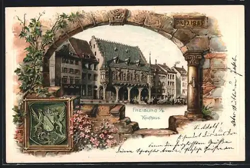 Passepartout-Lithographie Freiburg / Breisgau, Blick auf das Kaufhaus, Wappen