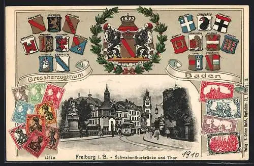 Passepartout-Lithographie Freiburg i. B., Schwabenthorbrücke und Thor, Wappen und Briefmarken