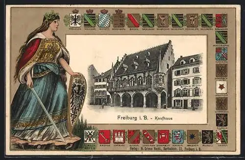 Passepartout-Lithographie Freiburg i. B., Kaufhaus, Wappen und Germania