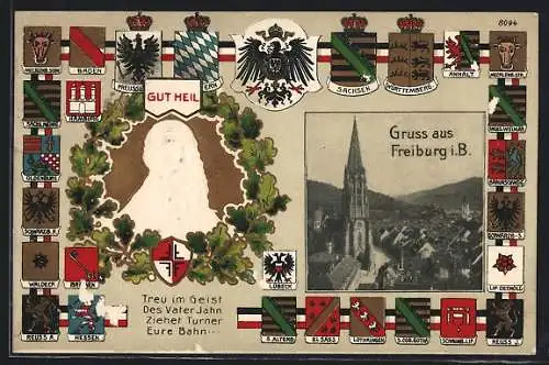Passepartout-Lithographie Freiburg i. B., Münster, Wappen und Turnvater Jahn
