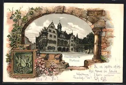 Passepartout-Lithographie Freiburg / Breisgau, Rathaus mit Wappen