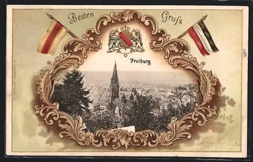 Passepartout-Lithographie Freiburg i. B., Blick auf das Münster, Fahnen und Wappen