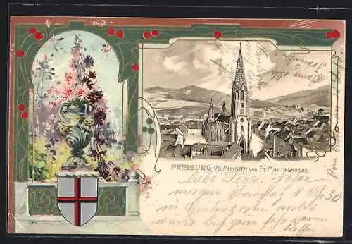 Künstler-AK Freiburg i. B., Teilansicht von St. Martinskirche, Vase mit Blumen und Wappen