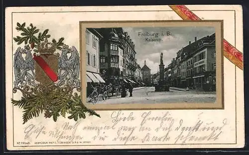 Passepartout-Lithographie Freiburg i. B., Kaiserstrasse, Wappen von Greifen flankiert