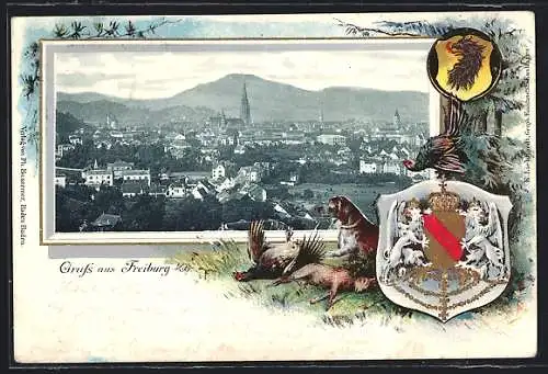 Passepartout-Lithographie Freiburg i. B., Totalansicht mit Münster, Wappen
