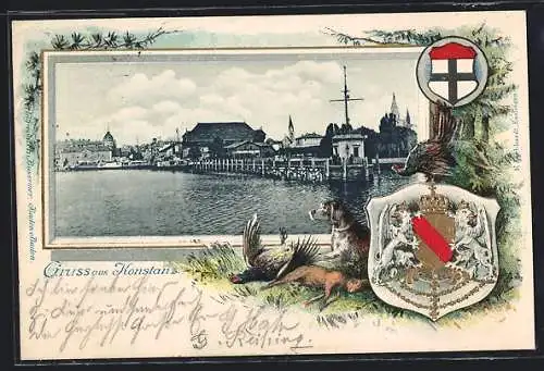 Passepartout-Lithographie Konstanz, Uferpartie mit Bootsanleger, Wappen