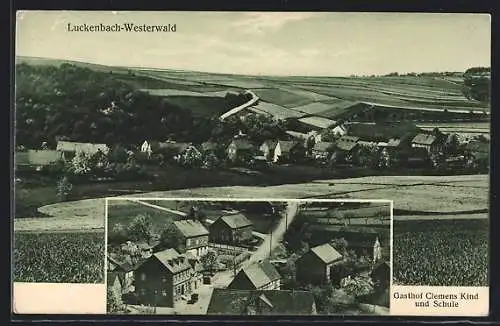 AK Luckenbach /Westerwald, Gasthof Clemens Kind und Schule, Panorama