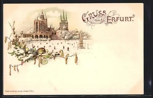 Winter-Lithographie Erfurt, Dom und Severikirche im Winterkleid