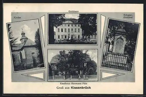 AK Kissenbrück, Kaufhaus Hermann Pätz, Gutshaus, Kriegerdenkmal, Kirche