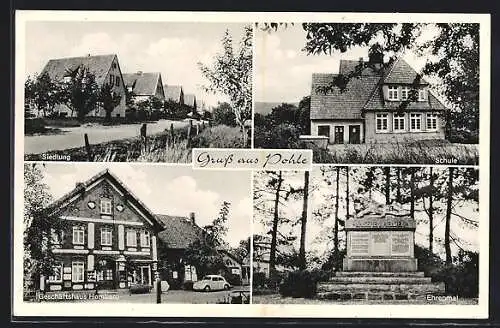 AK Pohle, Geschäftshaus Homberg, Ehrenmal, Schule, Strassenpartie in der Siedlung
