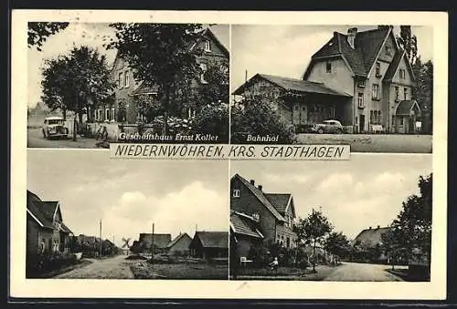 AK Niedernwöhren /Krs. Stadthagen, Geschäftshaus Ernst Koller, Bahnhof, Strassenpartie