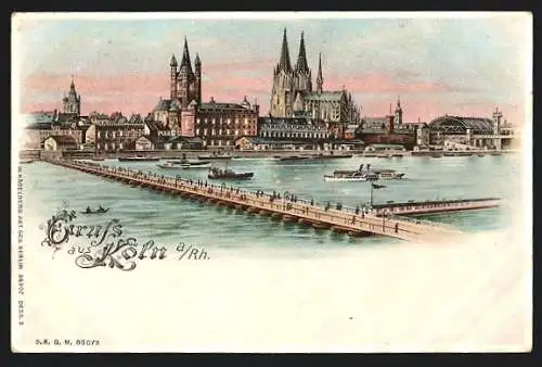 Lithographie Köln, Blick auf die Uferpartie, Dampfer