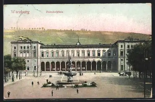 AK Würzburg, Bahnhofplatz mit Brunnen