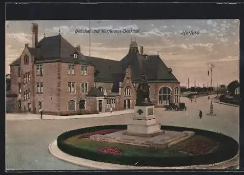 AK Herford, Bahnhof und Kurfürsten-Denkmal