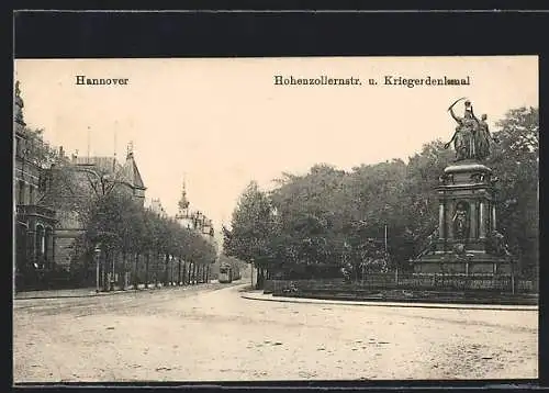 AK Hannover, Hohenzollernstrasse und Kriegerdenkmal mit Strassenbahn