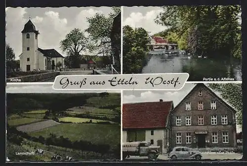 AK Etteln /Westf., Gasthaus zur Post, Partie a. d. Altenau und Kirche