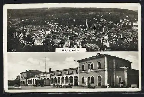 AK Pforzheim, Stadtansicht und Bahnhof