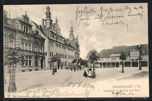 AK Arnstadt i. Th., Marktplatz mit Rathaus & Post