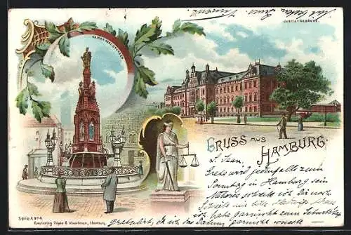 Lithographie Hamburg-Neustadt, Partie vor dem Justizgebäude