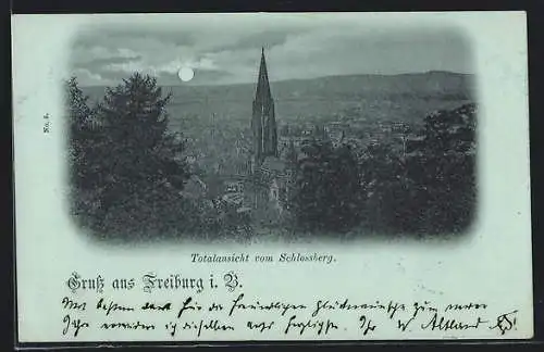 Mondschein-AK Freiburg i. B., Totalansicht mit Münster vom Schlossberg aus