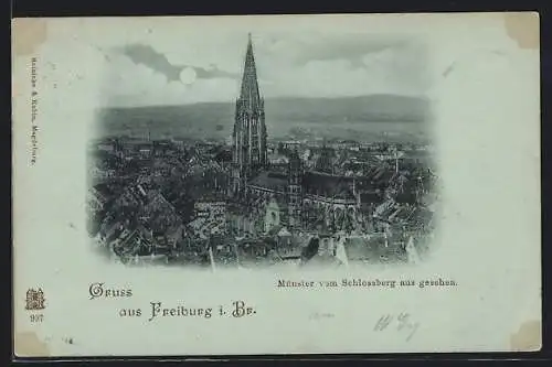 Mondschein-AK Freiburg i. B., Münster vom Schlossberg aus gesehen