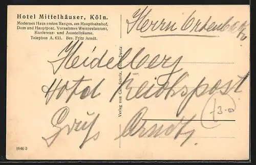 AK Köln, Hotel Mittelhäuser, Restaurant, Innenansicht