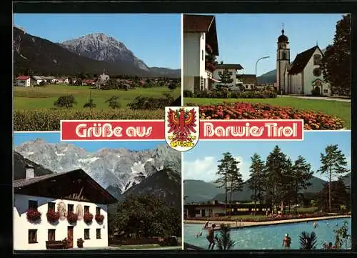 AK Barwies /Tirol, Die Kirche, Das Schwimmbad, Ortsansicht auf dem Mieminger Plateau