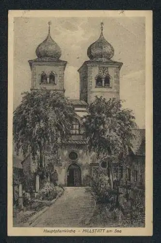 Künstler-AK Millstatt am See, Blick auf Hauptpfarrkirche