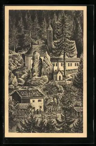 Künstler-AK Kössen /Tirol, Partie mit der Kirche Maria Klobenstein