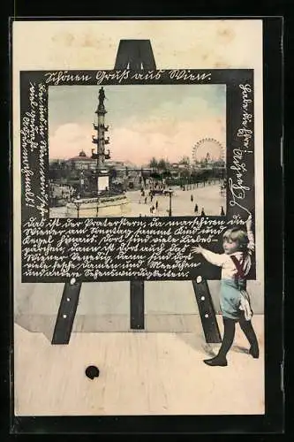 AK Wien, Praterstern, Denkmal und Riesenrad, Abbildung auf einer Schiefertafel mit Schulkind