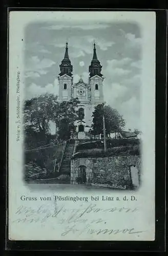 Mondschein-AK Pöstlingberg bei Linz, Vorderansicht der Kirche