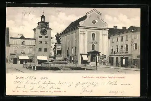 AK Wels, Stadttheater mit Kaiser Josef-Monument