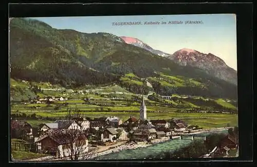 AK Kolbnitz im Mölltal, Ortsansicht mit Kirche und Wasserpartie