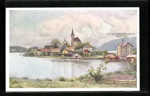 AK Maria Wörth, Blick zur Kirche mit Hotel Post