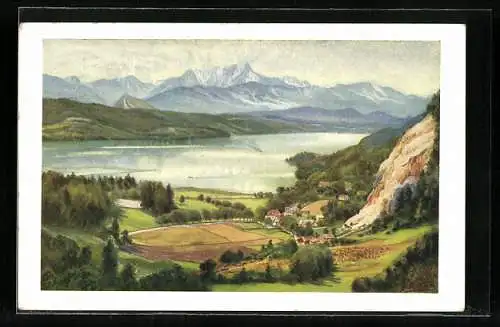 Künstler-AK Techelsberg am Wörther See, Töschling mit Gasthof-Pension Wallenwirt