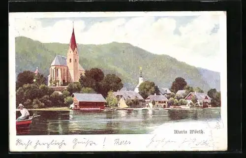 AK Maria Wörth, Ortsansicht vom Wasser aus