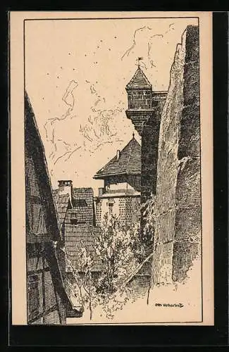 Künstler-AK Otto Ubbelohde: Tübingen, An der Schlossmauer