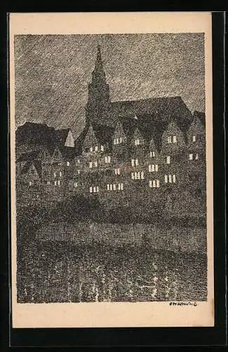 Künstler-AK Ubbelohde: Tübingen, Stiftskirche über der Neckarseite bei Nacht